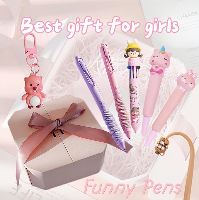 6pcs Kawaii Pens with 1 Cute Keychain Great gift for Girls Stress Relief Pen Cartoon Ballpoint Pen for Office Back to School Supplies Students Gift