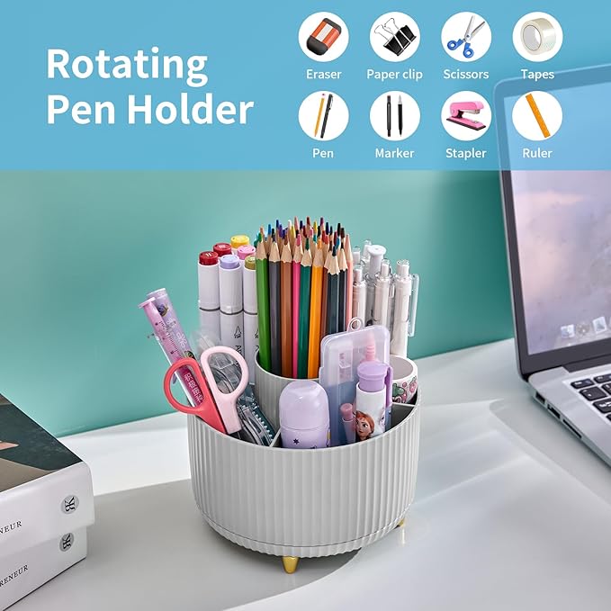 Marbrasse Desk Organizer, 360-Degree Rotating Pen Holder for Desk, Desk Organizers and Accessories with 5 Compartments Pencil Organizer, Art Supply Storage Box Caddy for Office, Home (Grey)