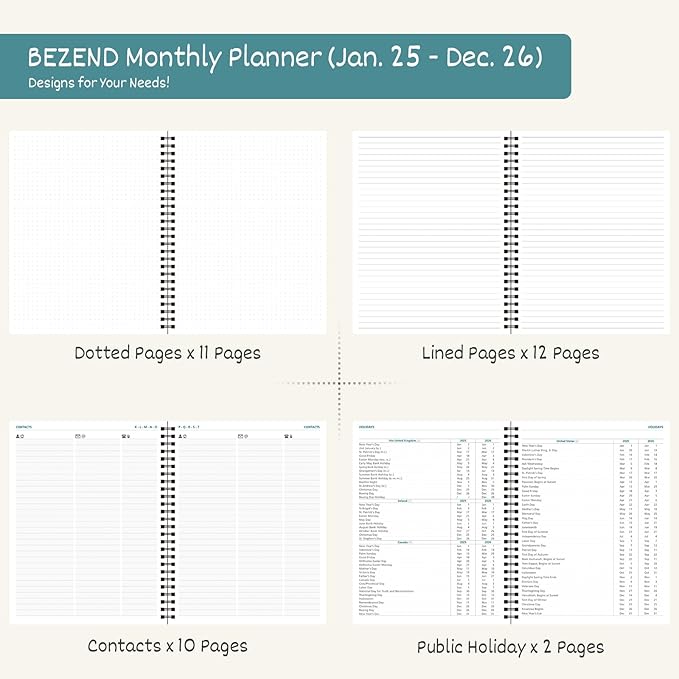 BEZEND 2 Year Monthly Planner 2025-2026 Medium Size 7" x 9" (Jan 2025 - Dec 2026) Spiral Calendar Book with Tabs, 120 GSM Thick Paper, Storage Pockets & Notes, PU Leather Softcover in Turquoise