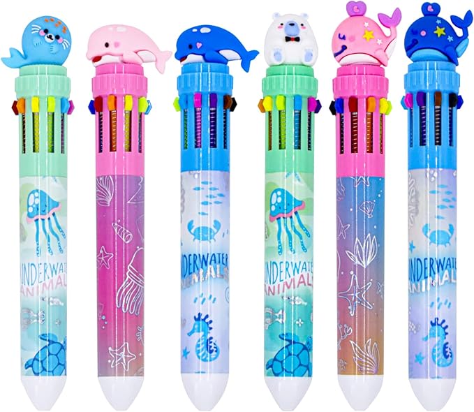 Multicolor Ballpoint Pen 0.7 mm, 10-in-1 Colored Pens Fine Point Retractable Cute Cartoon Ocean Animal Ballpoint Pens for School Supplies Students Kids Gifts, 6 Pack