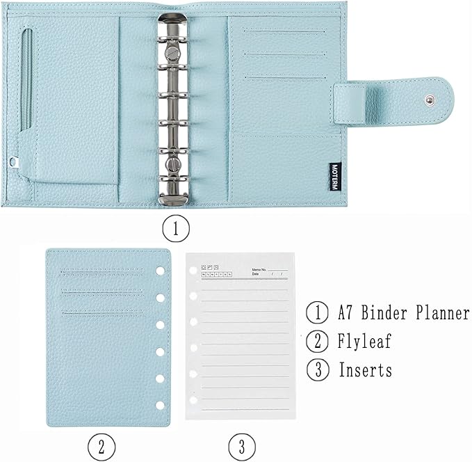 Moterm Pocket Regular Rings Planner - Genuine Leather Binder Organizer (Pebbled-Light Blue, 19mm Ring)