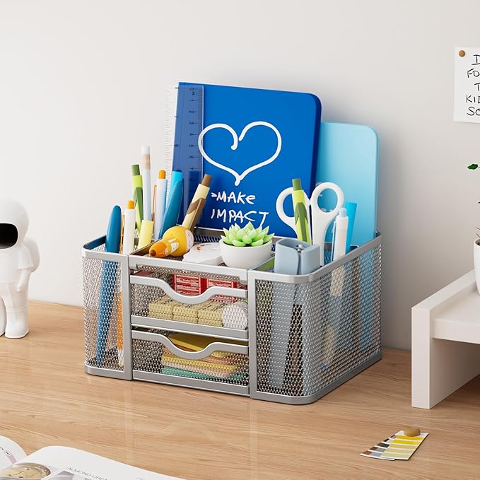 Marbrasse Mesh Desk Organizer, Pen Organizer with 2 Drawer, Multi-Functional Pencil Holder for Desk, Desk Organizers and Accessories with 5 Compartments + Drawer for Office Art Supplies (Silver)