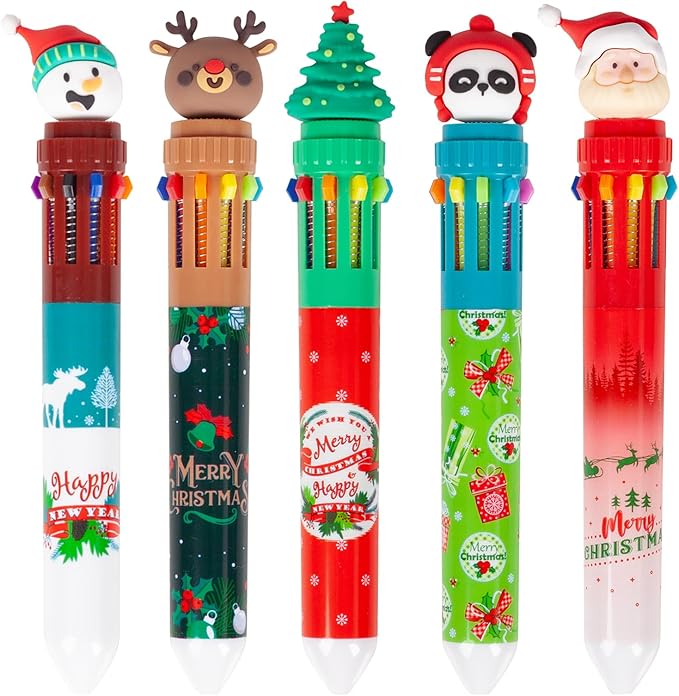 Cute Cartoon Christmas Multicolor Ballpoint Pen 0.7 mm, 10-in-1 Colored Pens Fine Point Retractable Ballpoint Pens for Office School Students Kids Birthday Gift, 5 Pack