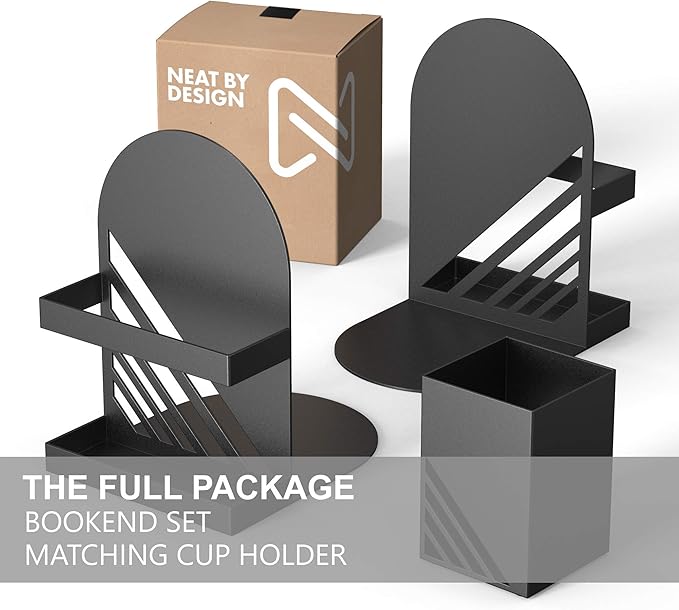 Iron Arch Modern and Decorative Bookends for Heavy Books, 200% Stronger & Heavier Than The Average Bookends, Large Bookends with Matching Bonus Storage Cup (Carbon Black)