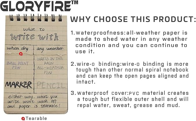 GLORYFIRE Waterproof Notebook Tactical All-Weather Spiral Memo Paper Notepad with Waterproof Grid Paper for Outdoor Activities Recording 3"x5" (5pcs)
