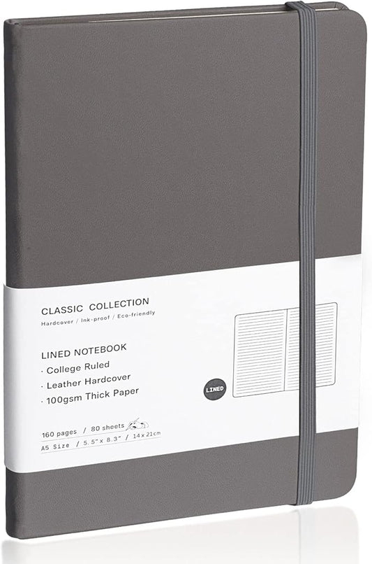 Lined Journal Notebook, (Dark Gray), 160 Pages, Medium 5.7 inches x 8 inches - 100 gsm Thick Paper, Hardcover