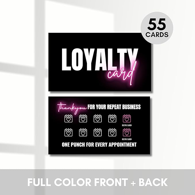 Beauty Business Loyalty Card, 10-Punch Reward System, Business Card size, 55 cards, full color high gloss front and back, UV coated, Modern design, create your own reward (Black and Hot pink)