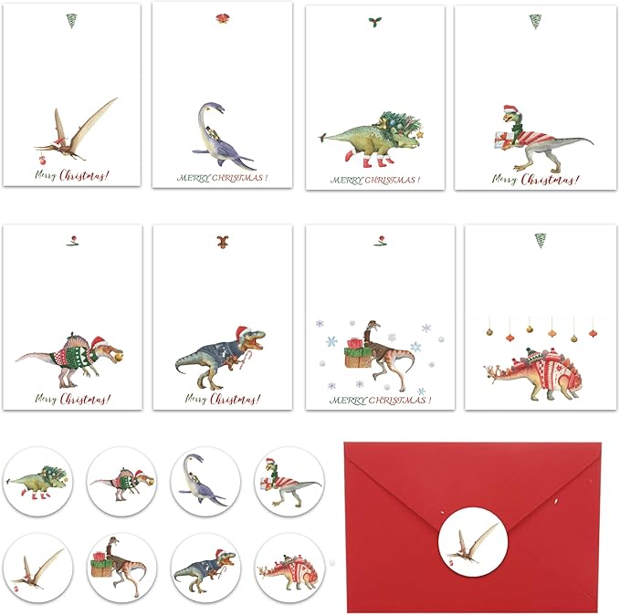 Christmas Card Set - 8 Holiday Cards with Red Envelopes - 8 Different Dinosaur Designs, Perfect for Giving to Your Friends Who Love Dinosaurs.