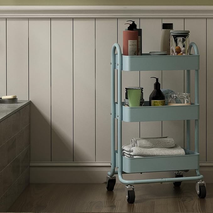 3-Tier Rolling Cart with Wheels,Kitchen Storage Carts or Metal Rolling Utility Cart with Handle,Movable Storage Organizer,Blue Carts for Nursery, Kitchen, Bathroom, Craft Room๏ผ13.4"x18.1"x31"๏ผ