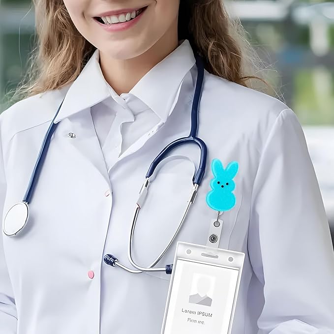 Cute Badge Holder Easter Badge Reel Blue Retractable Badge Reel Funny Bunny Nursing Alligator Clip Rabbit ID Name Badge Holder for Office Doctor Student Party Supplies Gift