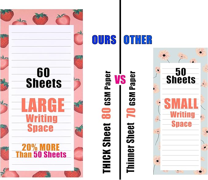 4 Large Magnetic Notepads – Big Notepads for Grocery List, Shopping List, To-Do List, Reminders -Strong Magnetic Back- Memo Pads with Realistic Fruit Designs | 60 Sheets per Pad 9 x 3.5 inch (4 Pack)