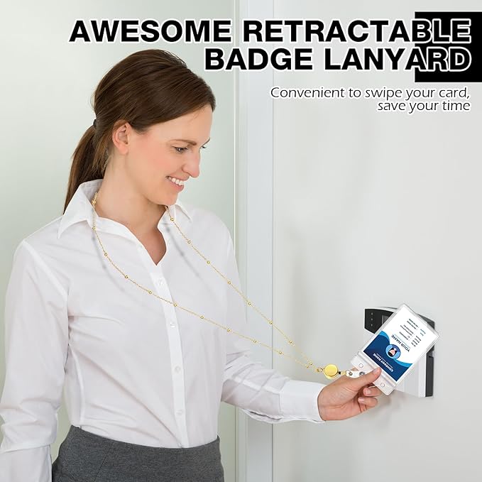 Outus 2 Pieces Badge Lanyard with ID Holders Stainless Steel Badge Holders Necklace Retractable Reel Clip Chain Water Resistant Name(Gold)