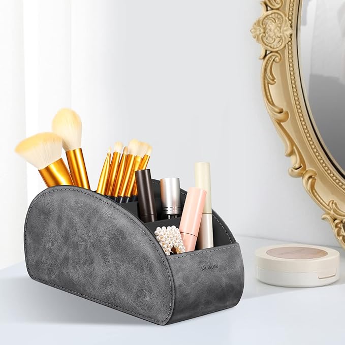 Large Remote Control Holder with 5 Compartments, KENOBEE Anti-slip Desktop Caddy Storage Organizer for Phone, Remote Controllers, Office Supplies, Makeup Brush, Media Accessories,Gray