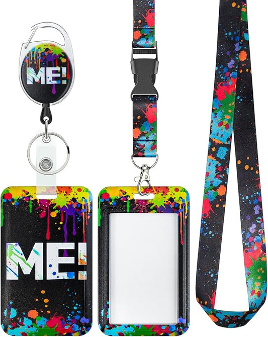 Uniclife Fashionable Sliding Badge Holder Paint Splash Plastic Case with Retractable Badge Reel Carabiner Clip & Detachable Lanyard Strap Vertical Card Protector for Worker Nurse Teacher Student