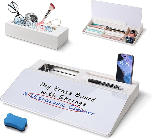 SELEAD Desktop Glass Whiteboard with Ultrasonic Cleaner Machine - Dry Erase White Board Computer Pad Keyboard Stand with Organizer for Home, School, Office Desk Accessories