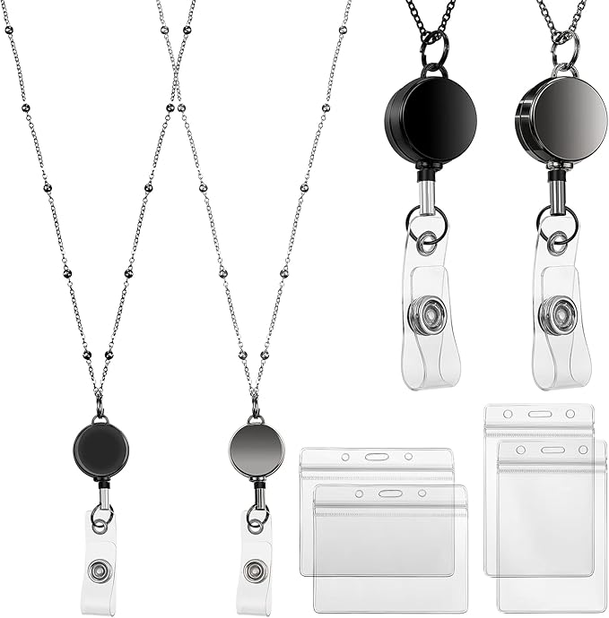 Outus 2 Pieces Badge Lanyard with ID Holders Stainless Steel Badge Holders Necklace Retractable Reel Clip Chain Water Resistant Name(Black, Gray)