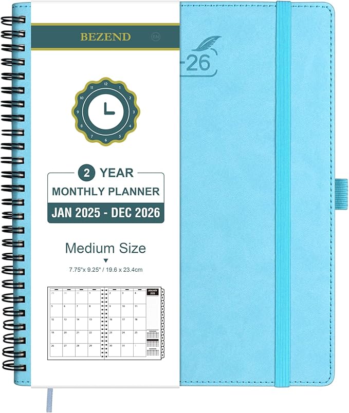 BEZEND 2 Year Monthly Planner 2025-2026 Medium Size 7" x 9" (Jan 2025 - Dec 2026) Spiral Calendar Book with Tabs, 120 GSM Thick Paper, Storage Pockets & Notes, PU Leather Softcover in Sky Blue