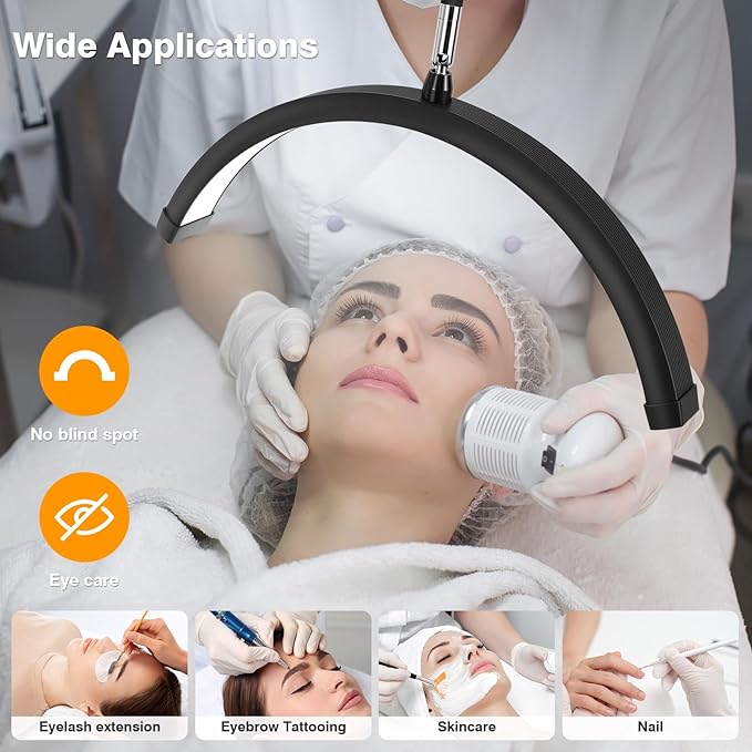 Lash Light for Eyelash Tech with Wheels, Half Moon Light for Lashes, Nails and Estheticians, LED Floor Lamp Adjustable Brightness and Color Modes (Black)