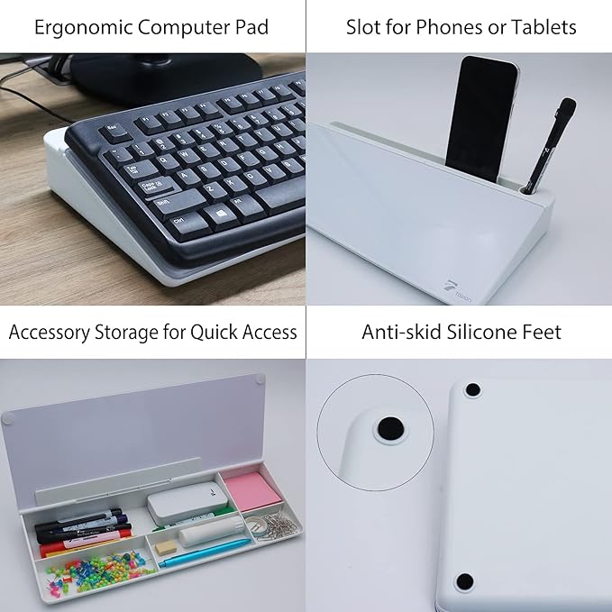 TOWON Small Tilted Desktop Glass Whiteboard, Notepad Computer Keyboard Stand with Dry Erase Board Surface, Desk Organizers with Accessories for Office, Home, School Supplies, White, 18 x 6 Inches