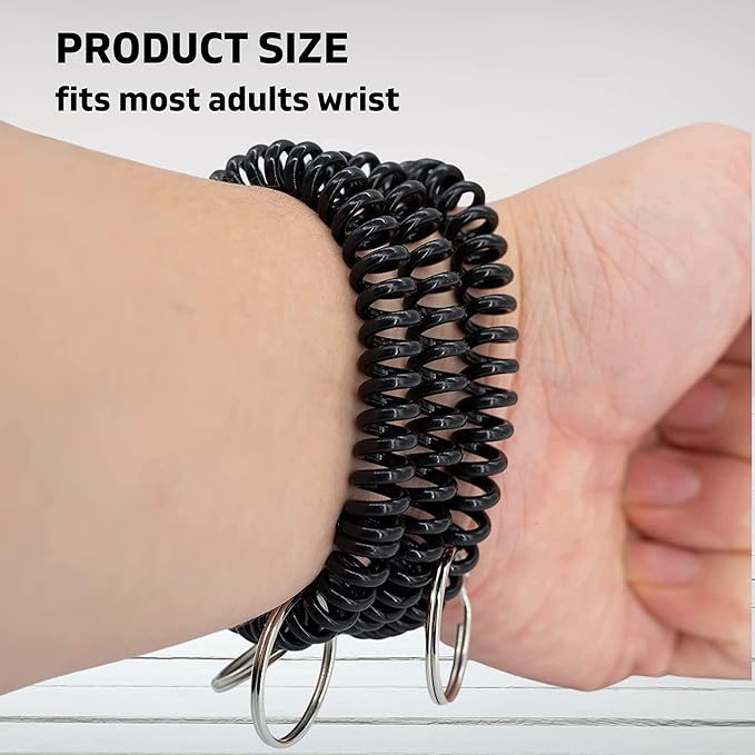 100PCS Keychain Wristlet Wrist Keychain Wristband Elastic Stretchable Spiral Bracelet Key Hook Key Holder for Gym Pool Spring Spiral Coil Black