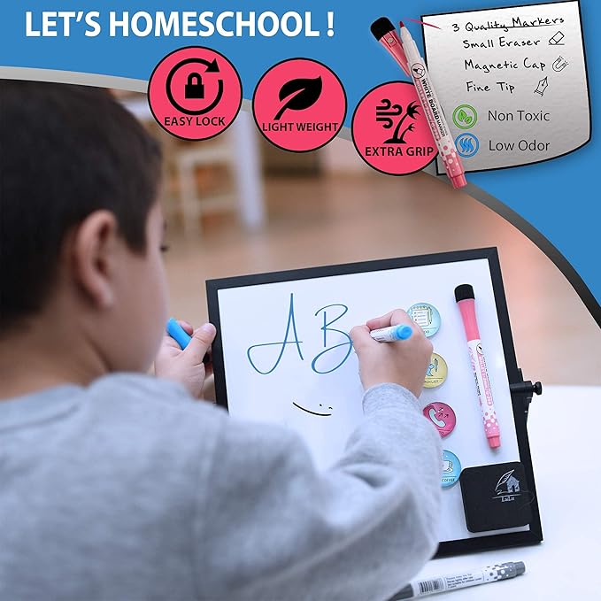 Small Dry Erase White Board 10"X10"- Desktop Whiteboard Black Frame with Stand, 3 Markers, 4 Magnets & Eraser - Double-Sided Portable Mini to Do List White Board for Office Desk, Kids Home School