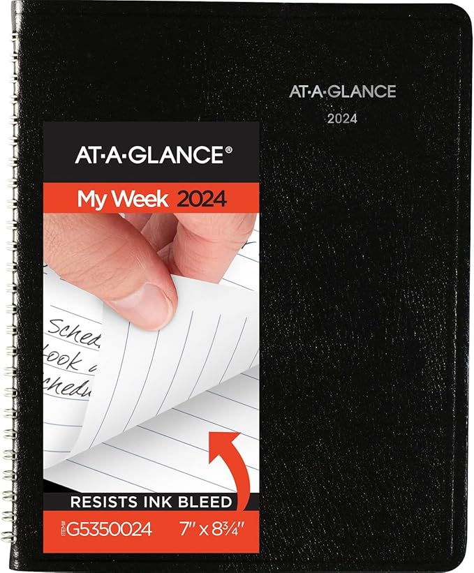 AT-A-GLANCE 2024 Weekly Planner, DayMinder, Block-Style, 7" x 8-3/4", Medium, Faux Leather, Black (G5350024)