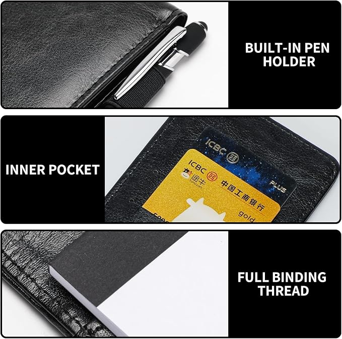 Camelmother 10 Pieces Small Notepad Holder Set Pocket Notebook 3 x 5 Inch with Pen Small notebooks note pads Leather Notepad (black plain)