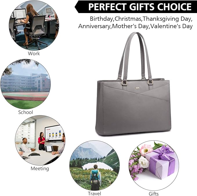 LOVEVOOK Laptop Tote Bag for Women 15.6 Inch Waterproof Leather Computer Bags Women Business Office Work Bag Briefcase Grey