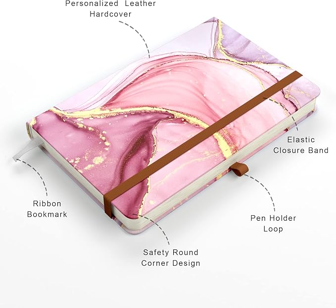 Small Notebook, Mini Pocket Journal A6 5.7" x 3.9", Leather Hardcover Journal with Pen Holder, 160 Thick Papers, Cute Lined Notebook Small Notepad for Women Writing Work Travel, Pink Marble