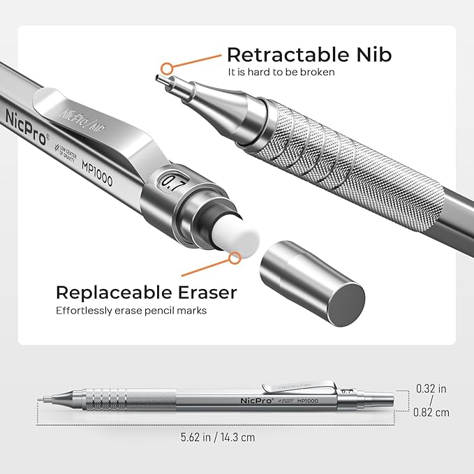 Nicpro 30PCS Silver Metal Mechanical Pencils Set in Leather Case, Art Drafting Pencil 0.5, 0.7, 0.9 mm, 2mm Lead Pencil Holder for Sketching Drawing With 16 Tube (6B 4B 2B HB 2H 4H Colors)Lead Refill