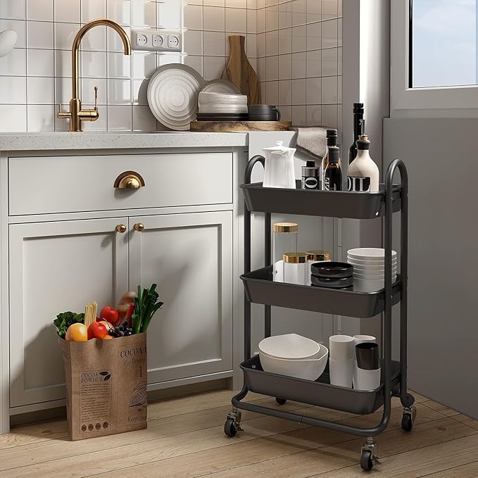 3-Tier Black Utility Rolling Cart,Kitchen Storage Carts with Wheels,Black Metal Rolling Cart for Office,Home,Kitchen,Garden๏ผ18"x11.4"x31.2"๏ผ
