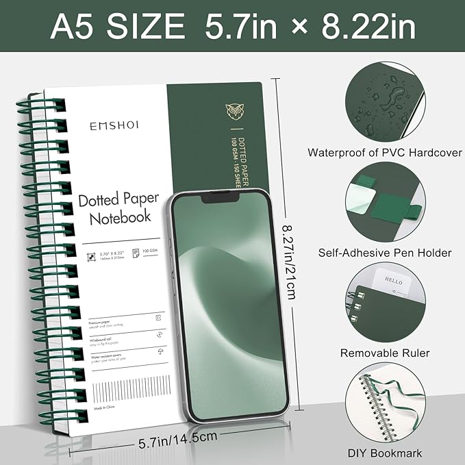 EMSHOI Spiral Notebook Bullet Dotted Journal, A5 Dotted Grid Notebook with 300 Pages, 100gsm Thick Paper, Waterproof Softcover Notebook for School Work Writing, 5.7" × 8.22" - Dark Green