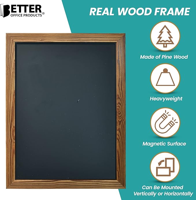 Better Office Products Magnetic Wall Chalkboard, Large Size 18" x 24", Rustic Wood Frame, Chalkboard Sign, Vertical or Horizontal Wall Mount, Includes Chalk and Eraser,(Rustic Brown)