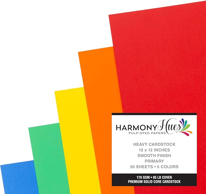 Cardstock 12 x 12 Paper Pack - 65lb Smooth Card Stock for Crafts, Cardmaking, Art Projects - 50 Square Scrapbook Sheets, 5 Assorted Colors - Double Sided with Solid Core, Primary