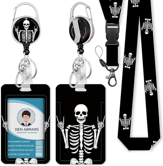 Lanyards for Id Badges, Funny Badge Holder with Retractable Badge Reel Clip, Skull Skeleton Rock Work Name Tag Keychain Lanyard Vertical ID Card Protector for Women Nurse Doctor Teacher Student