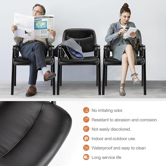 Sweetcrispy Office Reception Guest Chair No Wheels Set of 2, Leather Stationary Waiting Room Chairs with Padded Arms for Elderly Desk Conference Room Lobby Table Side Salon