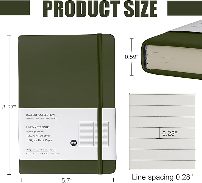 Lined Journal Notebook, (Olive Green), 160 Pages, Medium 5.7 inches x 8 inches - 100 gsm Thick Paper, Hardcover