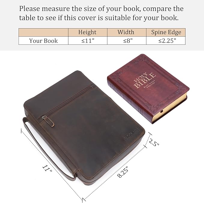 Polare Full Grain Leather Bible Cover Church Bag Bible Protective Book Holder Carrying Case Folder Organizer Portfolio, Dark Brown