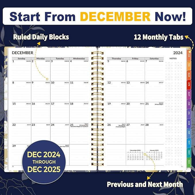 SUNEE 2025 Appointment Book, Quarter-Hourly, Weekly & Monthly - from January 2025 - December 2025, 6.4"x8.3" Flexible Cover, Notes, Pockets, Bookmark, Spiral Binding, Vintage Floral