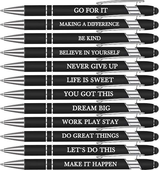 Zonon 12 Pieces Inspirational Pens Bulk Easter Basket Stuffers Motivational Quotes Ballpoint Pens with Stylus Tip Inspirational Gifts for School Office Teachers(Black,Motivational Style)