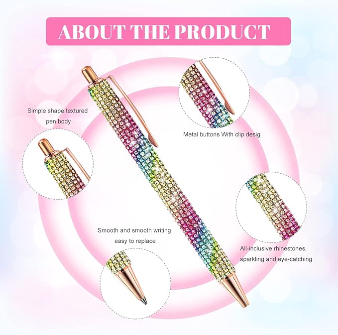 12Pcs Rhinestone Pens Bling Metal Ballpoint Diamond Pens Bulk Fancy Sparkly Crystal Press Retractable Black Ink 0.7mm For Women Office Meeting Birthday Supplies Wedding Gifts(TWELVE COLOR