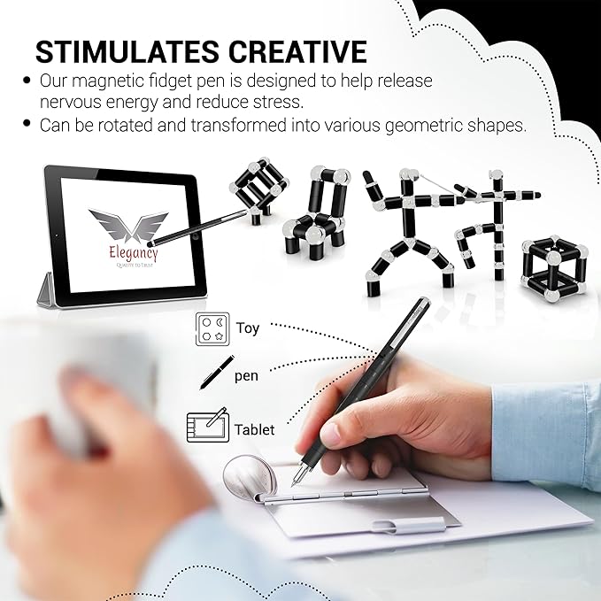 Elegancy Fidget Pen Magnetic Balls | Deformable Decompression Magnetic Pen Fidget Toy for Teenager Multi-Functional Ballpoint Pens | Cool Stuff Magnets for Kids (Black)