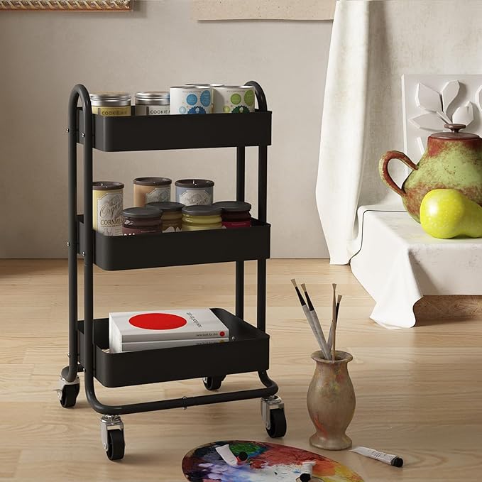 3-Tier Rolling Metal Storage Organizer,Mobile Utility Cart,Kitchen Storage Carts with Caster Wheels,Rolling Utility Cart Suitable for Office,Home,Kitchen,Garden๏ผ13.4"x18.1"x31"๏ผ Black