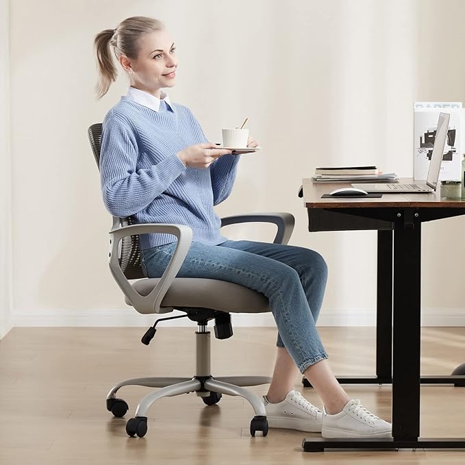 Sweetcrispy Office Computer Desk Managerial Executive Chair, Ergonomic Mid-Back Mesh Rolling Work Swivel Chairs with Wheels, Comfortable Lumbar Support, Comfy Arms for Home,Bedroom,Study,Student,Grey
