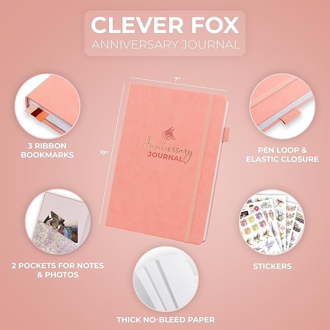 Clever Fox Anniversary Journal – Couple Memory Book & Photo Album with Writing Space – Wedding, Bridal Shower & Married Couple Gifts (Peach Pink)