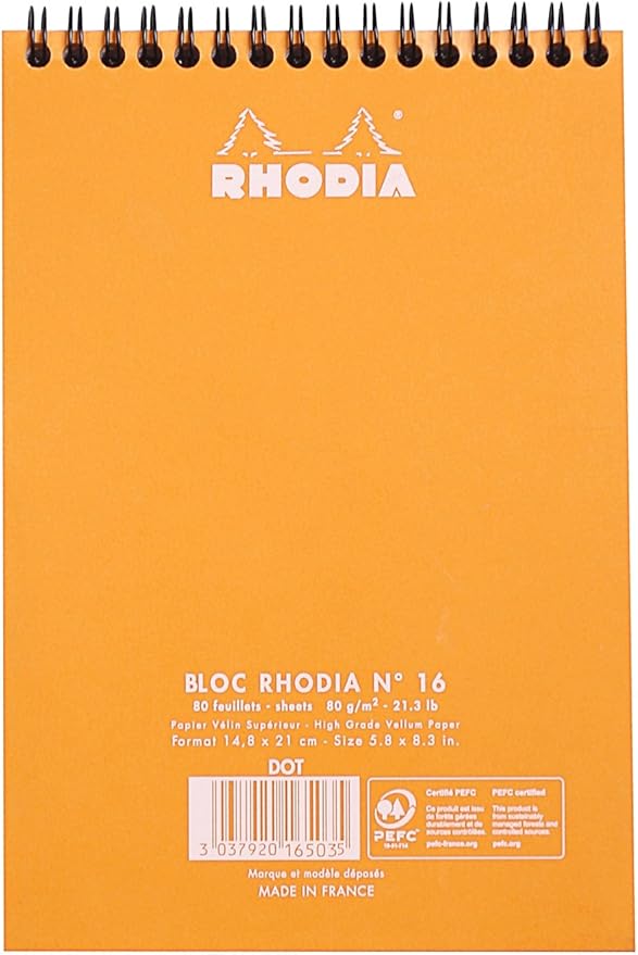 Rhodia #16 Wirebound Notepad 5.8" x 8.3" Dot Pad, Orange Cover