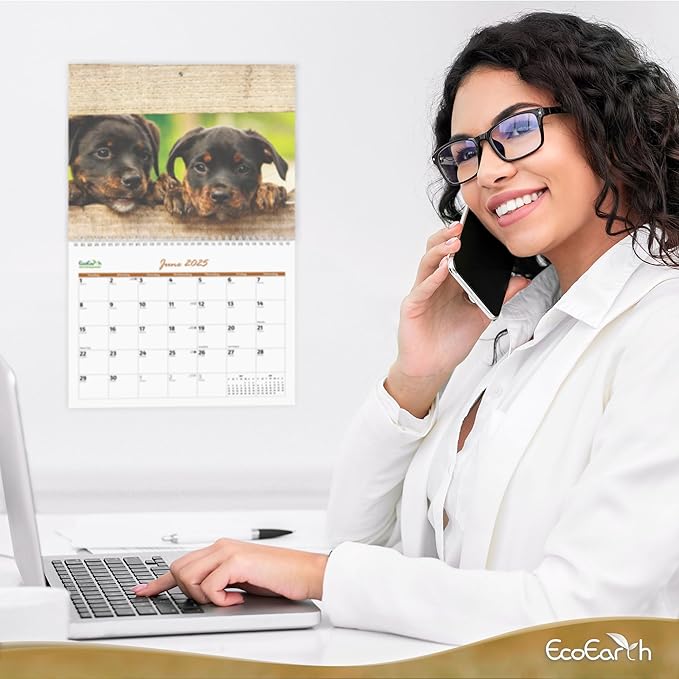 EcoEarth - Biodegradable 11x17 Inch (Open) 12-Month Vertical Hanging Wall Calendar - 2025 Monthly Calendar - Adorable Puppies
