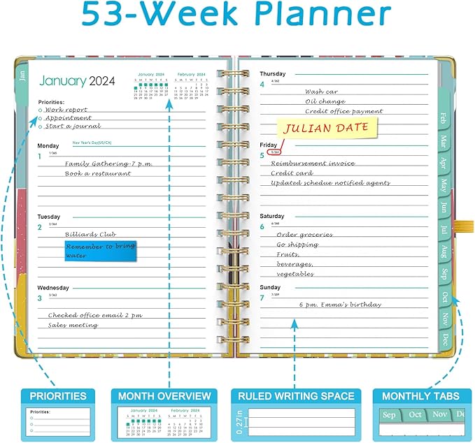 2024 Planner A5 Jan. 2024 - Dec. 2024 Calendar Monthly Planners with Monthly with Tabs Stickers Julian Dates for Teacher School Office - Colored Stripes EYROZILL