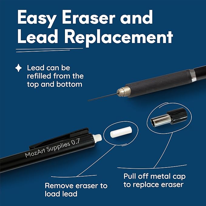 MozArt Mechanical Pencil 0.7mm Set with Case - With 2 x 30 HB Lead Refills, Eraser Pen With Refills -Sketch, Architecture, Drafting, Art, Drawing Supplies, Metal Mechanical Pencils