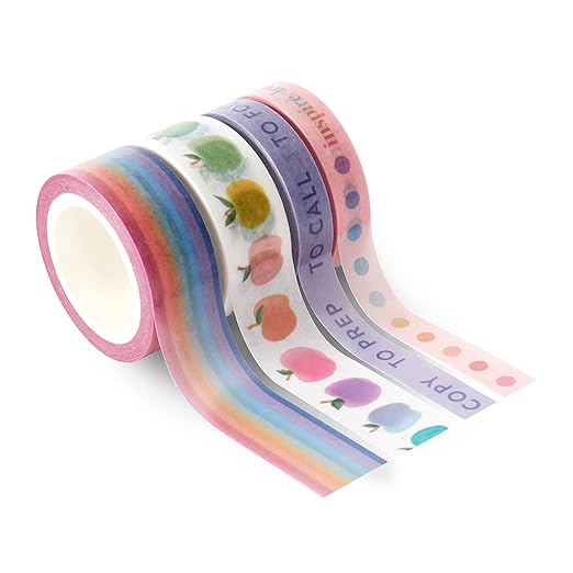 Erin Condren Washi Tape 4-Pack - Rainbow Apples - Decorative and Stylish Adhesive Tape for Organizing Notebooks. Highlighting Important Tasks & Deadlines. Four 16 ft Rolls per Pack
